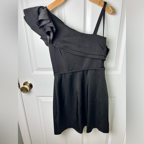 Mac Duggal Womens Ieena One Shoulder Ruffle Black A-line Mini Dress 2 - Picture 9 of 10